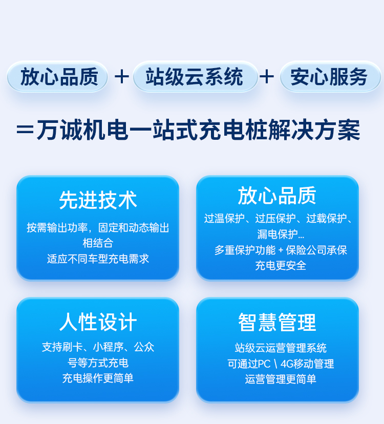 专业安装+ 站级云系统 +(品质服务
= 万诚机电一站式充电站解决方案
先进技术
按需输出功率，固定和动态输出相结合
适应不同车型充电需求
人性设计
支持刷卡、小程序、公众号等方式充电
充电操作更简单
安全可靠
过温保护、过压保护、过载保护
漏电保护...
多重保护功能 + 保险公司承保
充电更安全
智慧管理
站级云运营管理系统可通过PC|4G移动管理
运营管理更简单